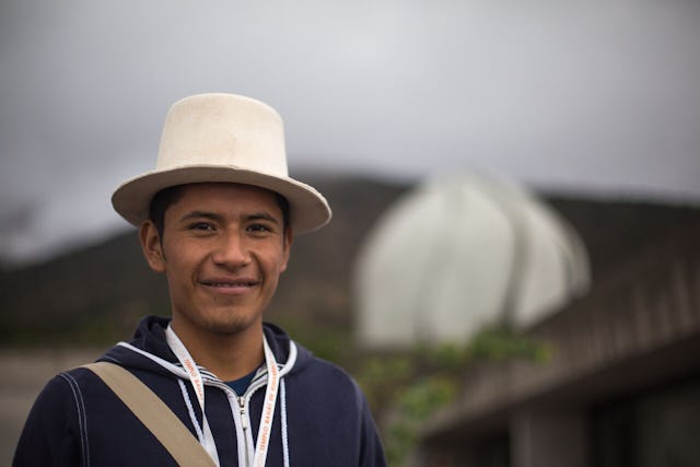 One of the participants in the early morning program at the Temple. Some 250 people representing various indigenous populations of South America began the final day with a special visit to the Temple.