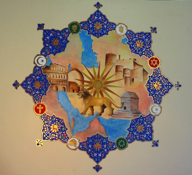 Artwork by Ayatollah Abdol-Hamid Masoumi-Tehrani, which he has divided into eight parts corresponding with eight religious groups in the country. He has dedicated parts of the painting to Zoroastrians, Jews, Christians, Mandaeans, Yarsanians, Baha’is, and Sunni and Shia Muslims in the country, all of whom he considers “essential aspects of Iran’s national culture as well as the entire region’s spiritual and religious reservoir."