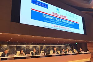 Diane Ala’i, representative of the Baha'i International Community to the United Nations in Geneva, speaks at the Global Summit on Religion, Peace and Security, organized by the United Nations Office on Genocide Prevention and the Responsibility to Protect and the International Association for the Defense of Religious Liberty.
