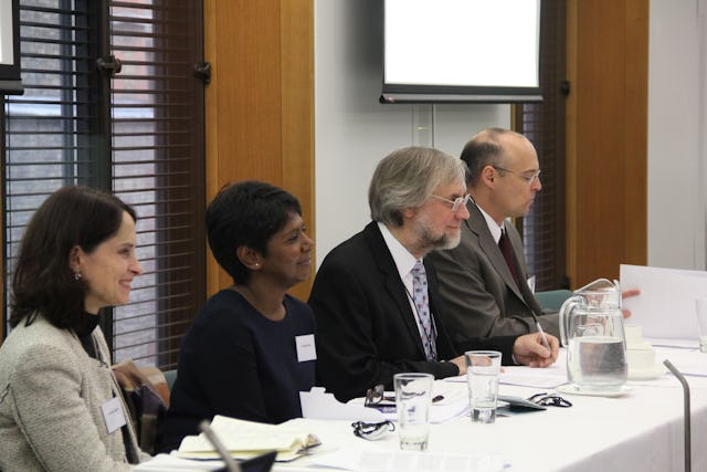 Panel speakers included the following (from left to right): Justine Huxley, the Director of St. Ethelburga’s Centre for Reconciliation and Peace; Karnagie Sharp, a BBC journalist; Martyn Barrett of the University of Surrey; and Michael Karlberg, a Professor of Communication Studies at Western Washington University.