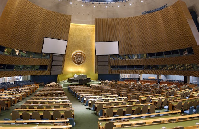 An interior view of the United Nations General Assembly hall, New York City. Photo credit: UN/Sophia Paris
