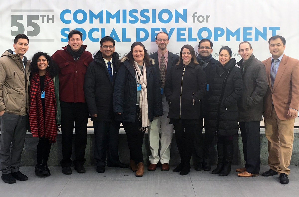 The BIC delegation to the 55th Commission for Social Development. Left to right: Aaron Dahm, Yasmin Roshanian, Eric Farr, Rodrigo Lemus, Bita Correa, Mark Scheffer, Nava Kavelin, Arash Fazli, Saphira Rameshfar, Daniel Perell, and Serik Tokbolat.