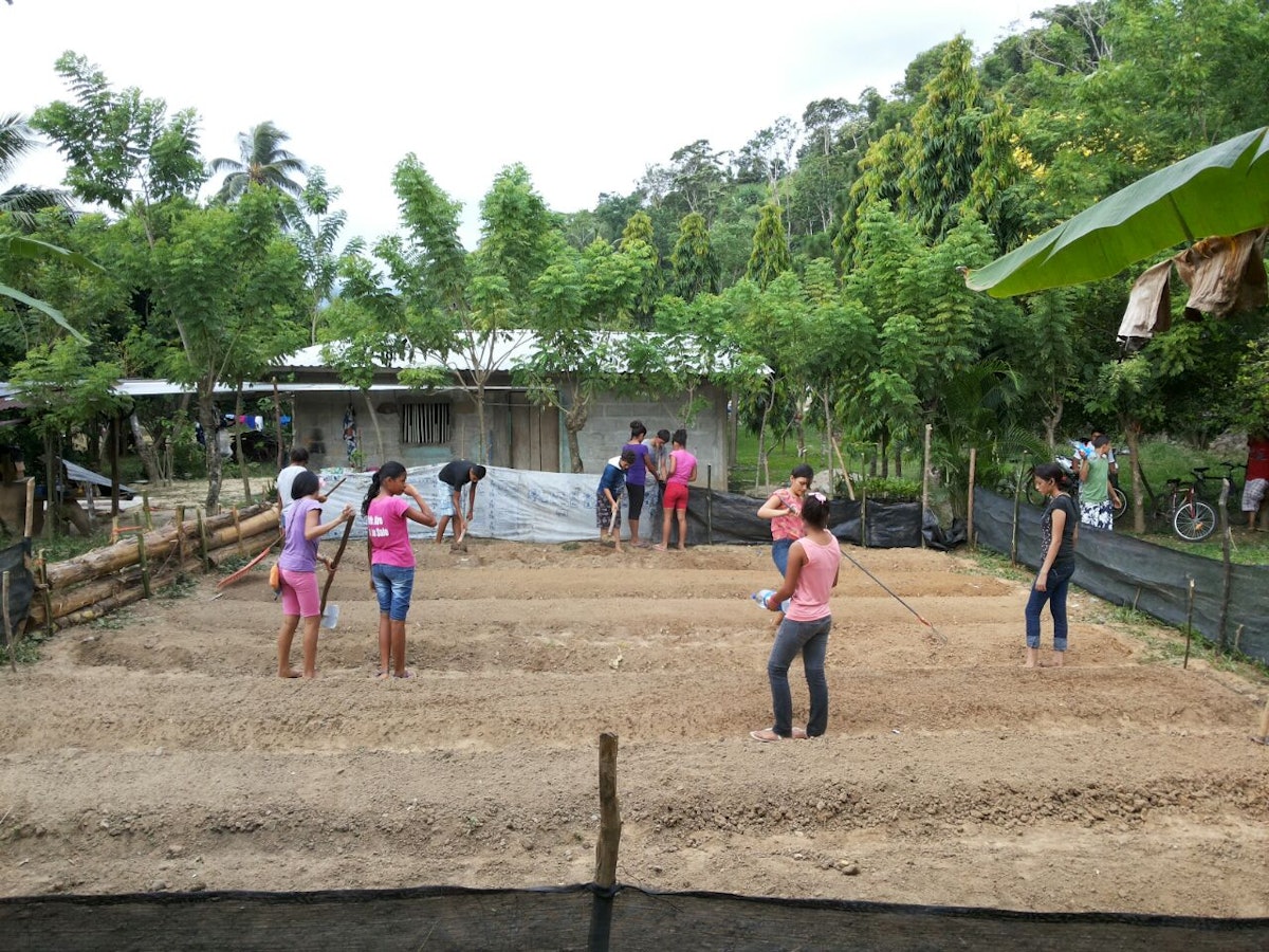 A group of SAT students in Honduras prepares a plot for planting crops.