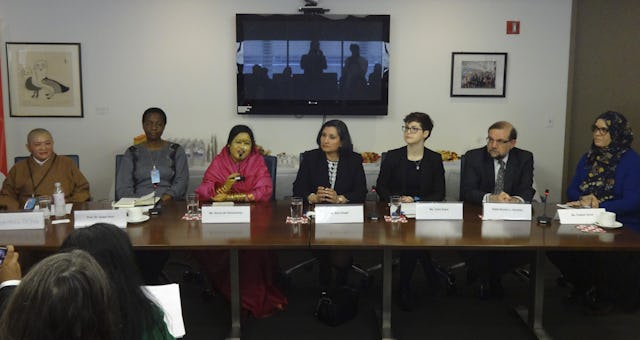 At the discussion hosted by the BIC to present its statement, panellists             from several prominent NGOs joined Bani Dugal, Principal Representative of             BIC to the UN (center), in a panel discussion  on the economic structure             of society, the role of the family, and the period of youth as they relate             to gender equality.