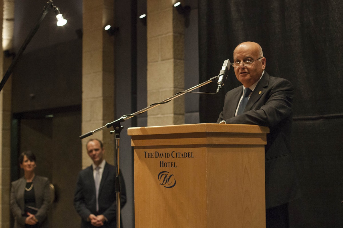 The Honorable Salim Joubran, Justice of the Supreme Court of Israel, speaks at the reception. Justice Joubran, who is retiring this year, was recognized for his public service and contributions to coexistence.