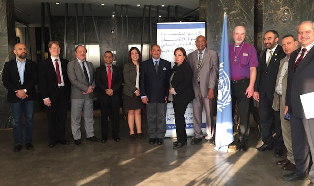 Several of the participants at the meeting of experts on "Faith for Rights," organized by the Office of the United Nations High Commissioner for Human Rights in Beirut from 28-29 March 2017. Among those pictured are Ahmed Shaheed, UN Special Rapporteur on freedom of religion or belief, and Diane Ala'i, representative of the BIC to the UN in Geneva (fourth and fifth from the left, respectively).