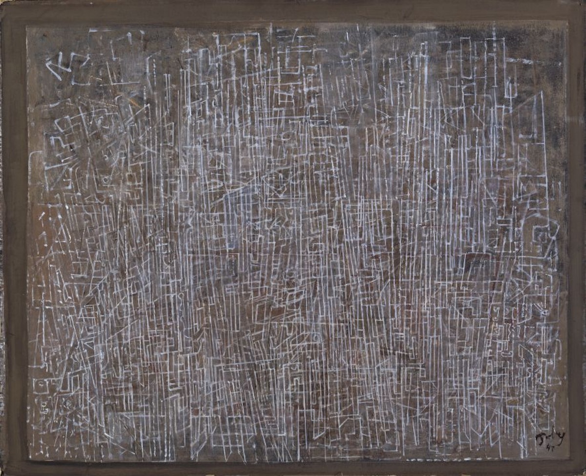 «خطوط شهر» اثر مارک توبی، ۱۹۴۵، قطع ۴۵٫۴ در ۵۵٫۲۵ سانتی‌متر، گالری هنر آمریکایی آدیسون، فیلیپز آکادمی، آندور، ماساچوست.