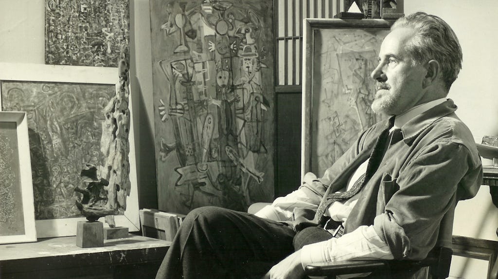 Mark Tobey in his studio, 1949, Courtesy Arthur Lyon Dahl. Photo by Larry Novak