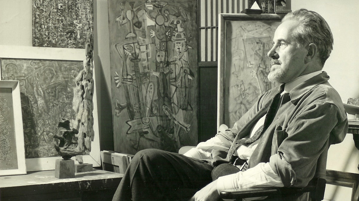 Mark Tobey in his studio, 1949, Courtesy Arthur Lyon Dahl. Photo by Larry Novak