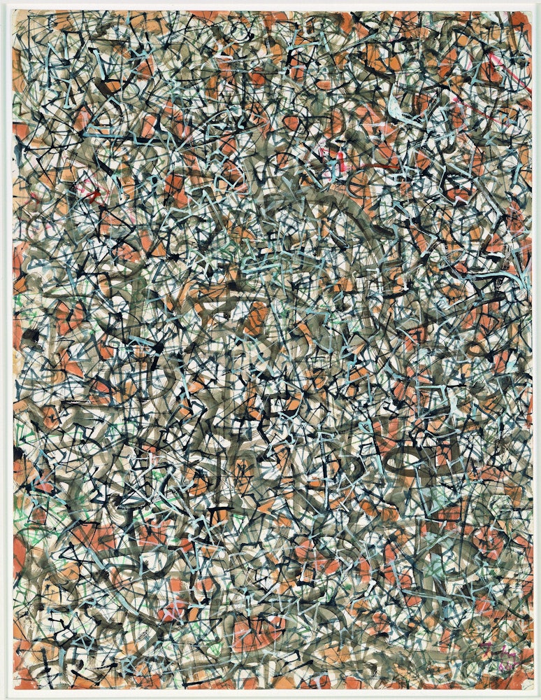 «پیشرفت تمدن»، اثر مارک توبی، ۱۹۶۴، قطع ۶۲٫۲ در ۵۰٫۱ سانتی‌متر، کلکسیون پگی گوگنهایم، ونیز