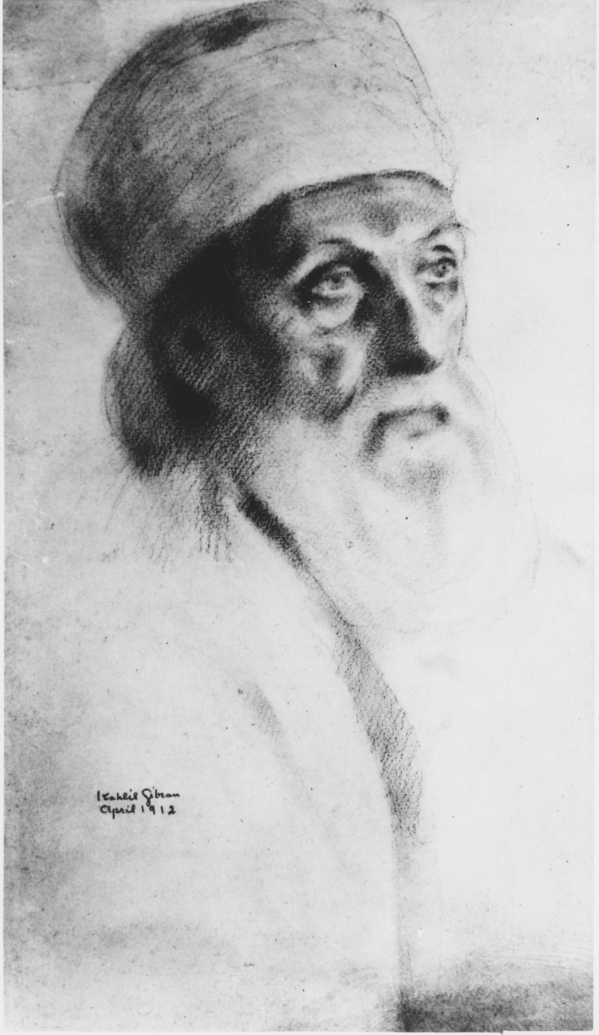 Juliet Thompson knew of Kahlil Gibran's portraits of well-known figures in philosophy and art. It was through Thompson that Gibran met 'Abdu'l-Baha and sketched this portrait of Him in the spring of 1912.