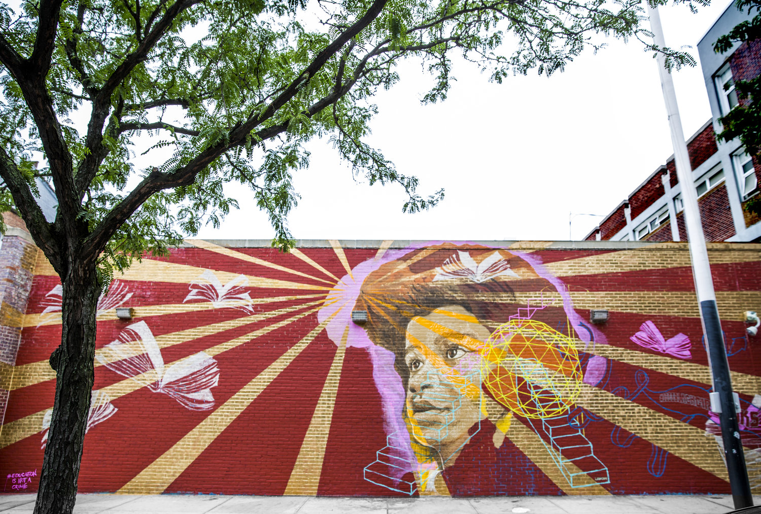This portrait of Marley Dias by New York-based Lmnopi is at PS92 on 134th Street in Harlem. Marley is a 12-year-old from New Jersey who launched #1000BlackGirlBooks, a social media campaign seeking greater diversity in literature curriculums. Lmnopi painted this portrait for the Education is Not a Crime campaign to draw a parallel between the struggle for education equality by many groups around the world.