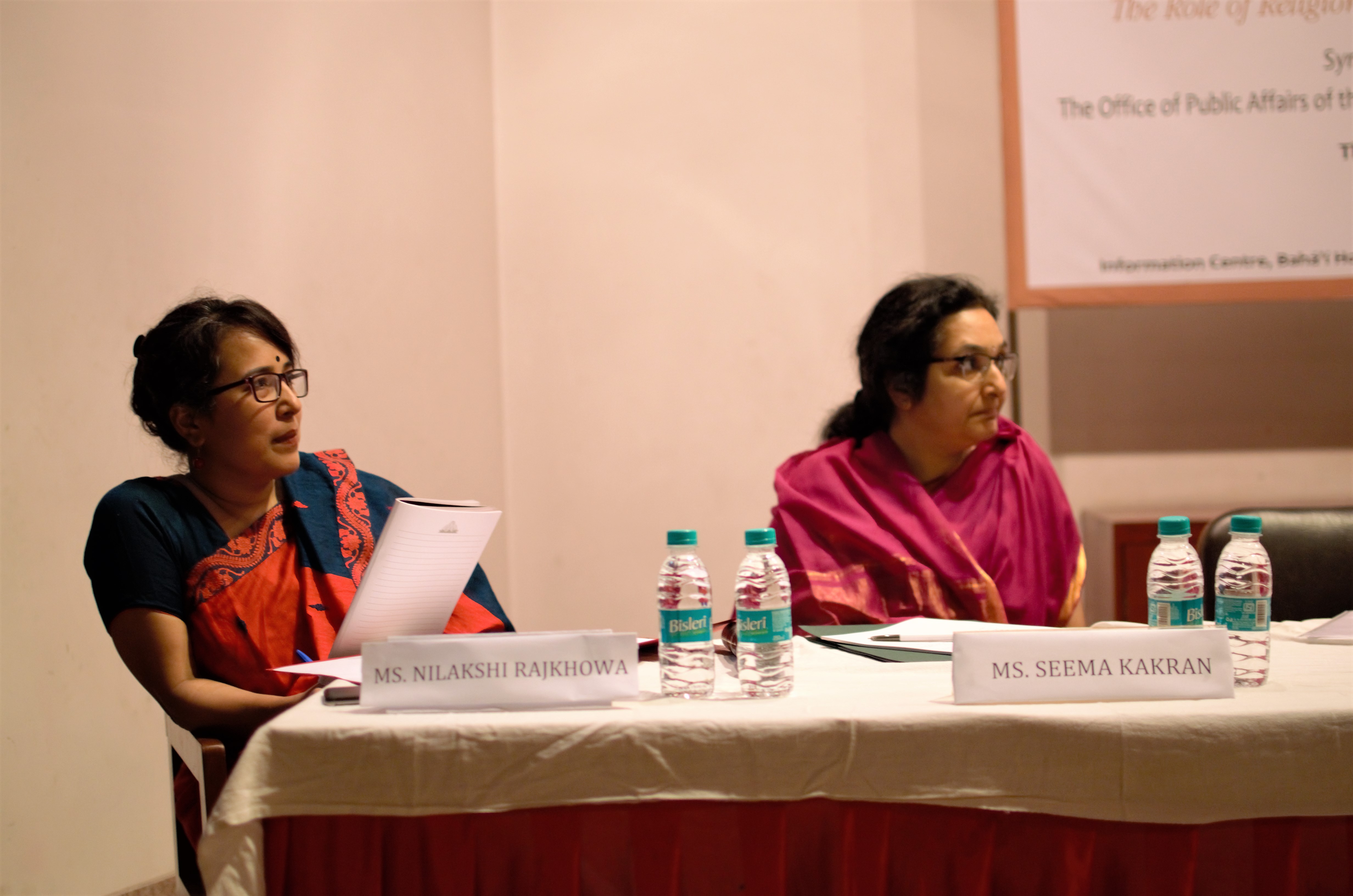 Nilakshi Rajkhowa from the Baha’i community of India and fellow panellist Seema Kakran at a panel discussion on religion and development at the recent seminar in New Delhi