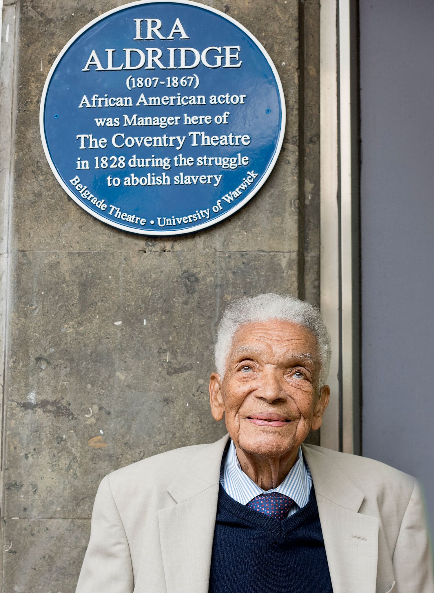 On Thursday, 3 August 2017 Earl Cameron unveiled a blue plaque commemorating the location of Ira Aldridge's theater in Coventry, United Kingdom. Mr. Cameron's voice coach was Aldridge's daughter Amanda Ira Aldridge. The plaque unveiling was organized by the University of Warwick, Coventry City Council and the Belgrade theater. (Photo: University of Warwick)
