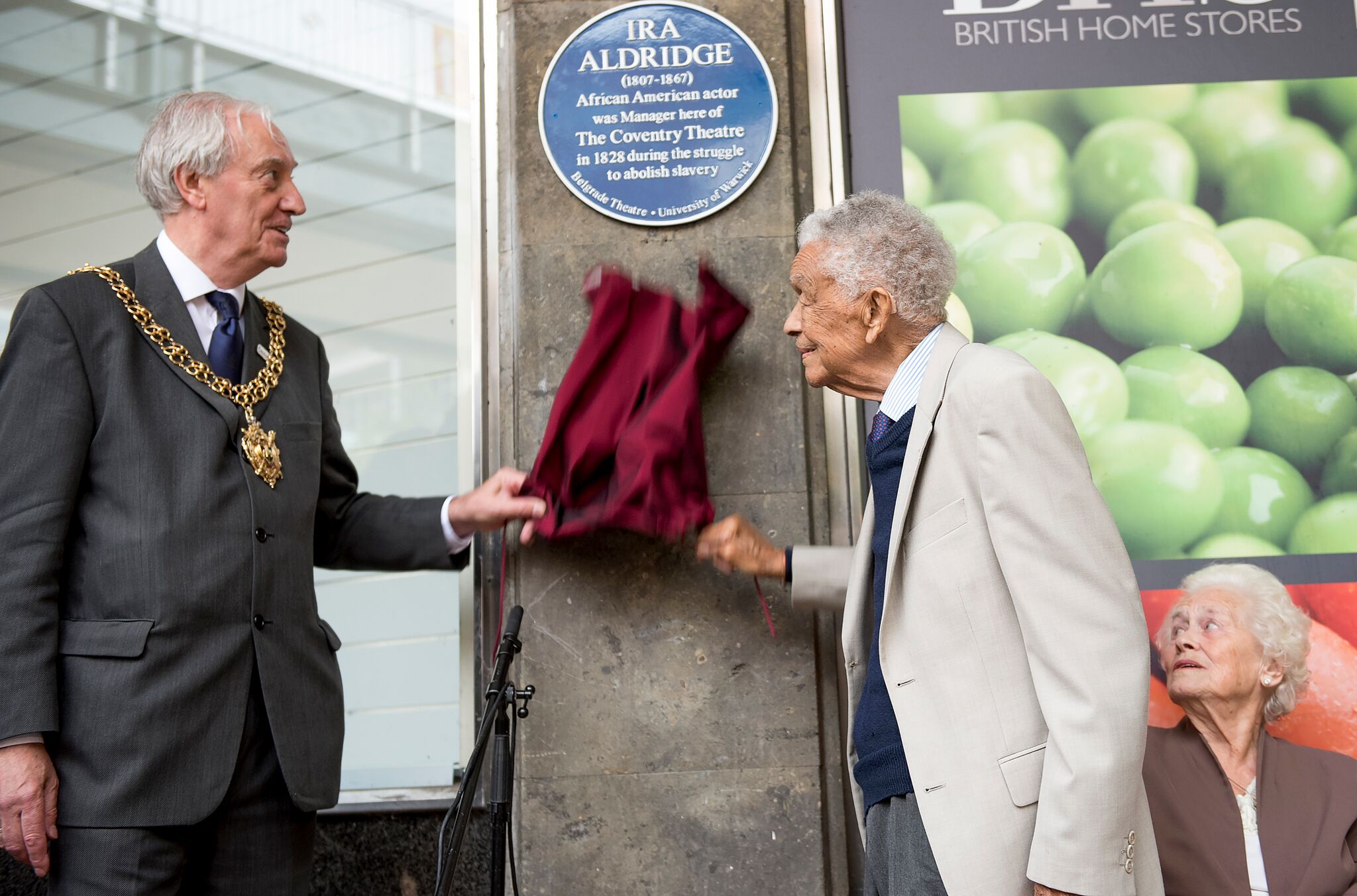 On Thursday, 3 August 2017 Earl Cameron unveiled a blue plaque commemorating the location of Ira Aldridge's theater in Coventry, United Kingdom. Mr. Cameron's voice coach was Aldridge's daughter Amanda Ira Aldridge. The plaque unveiling was organized by the University of Warwick, Coventry City Council and the Belgrade theater. (Photo: University of Warwick)