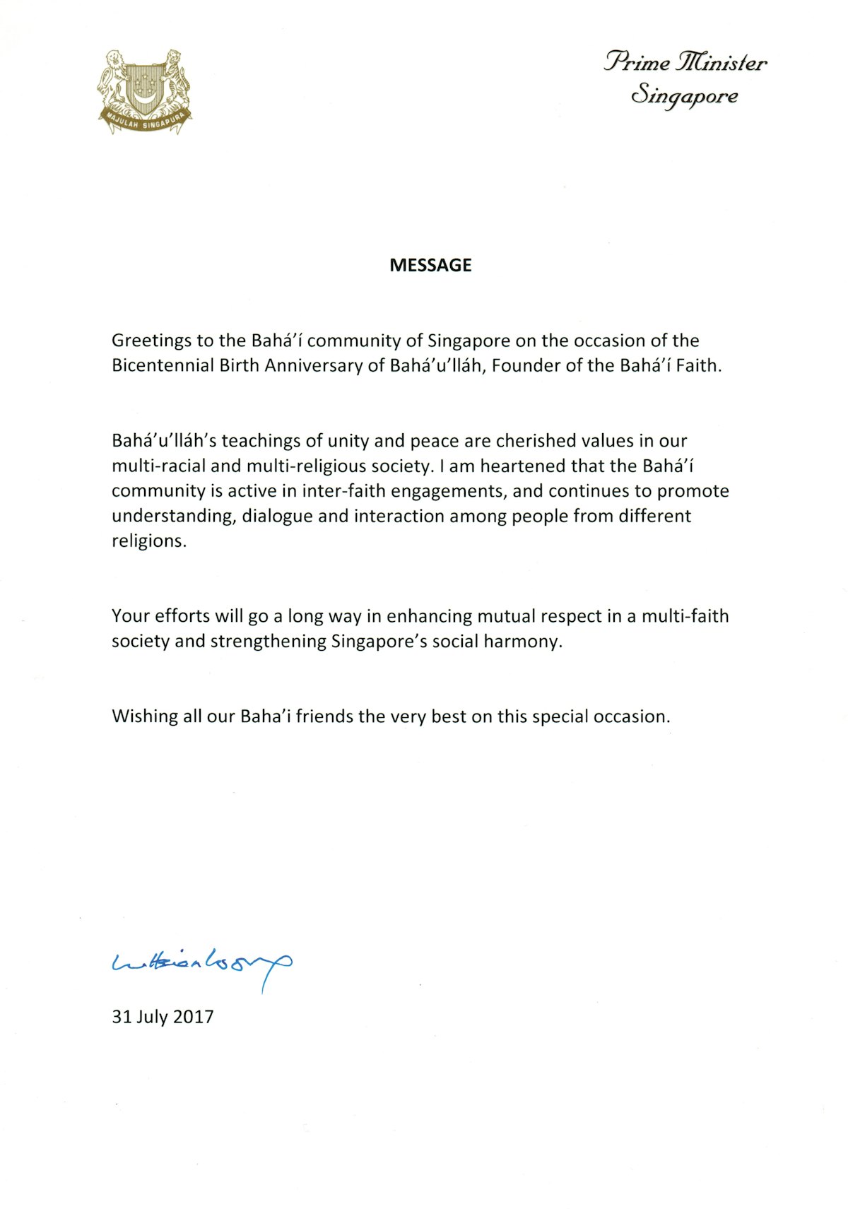 A copy of the letter dated 31 July 2017 from Prime Minister Lee Hsien Loong