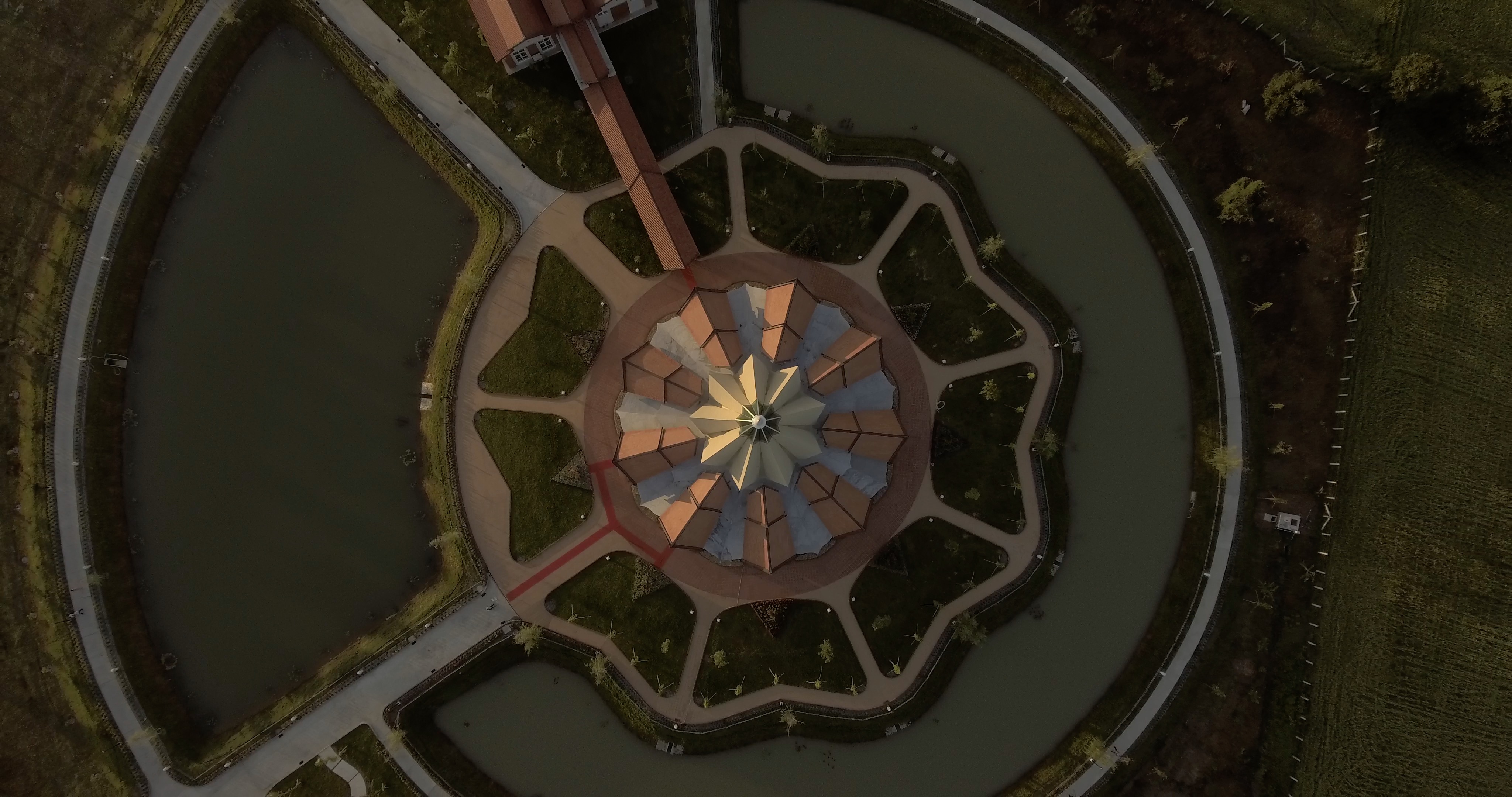 An aerial view of the central edifice