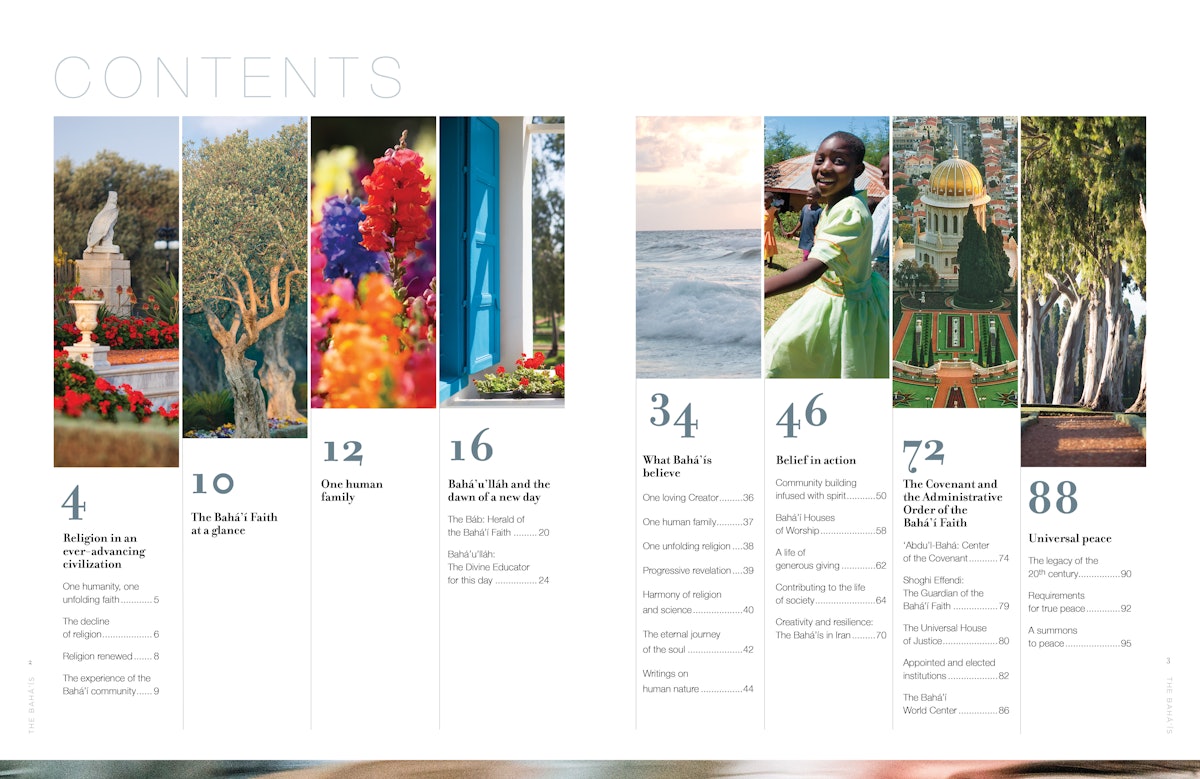 The "Contents" page of The Baha'is. The publication covers a number of themes including the oneness of humankind, universal peace, Baha'i endeavors in social and economic development, and the administrative system of the Baha'i Faith.