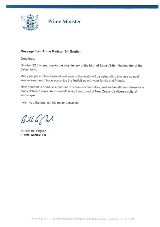 A letter of greeting from New Zealand Prime Minister Bill English to the Baha'i community there