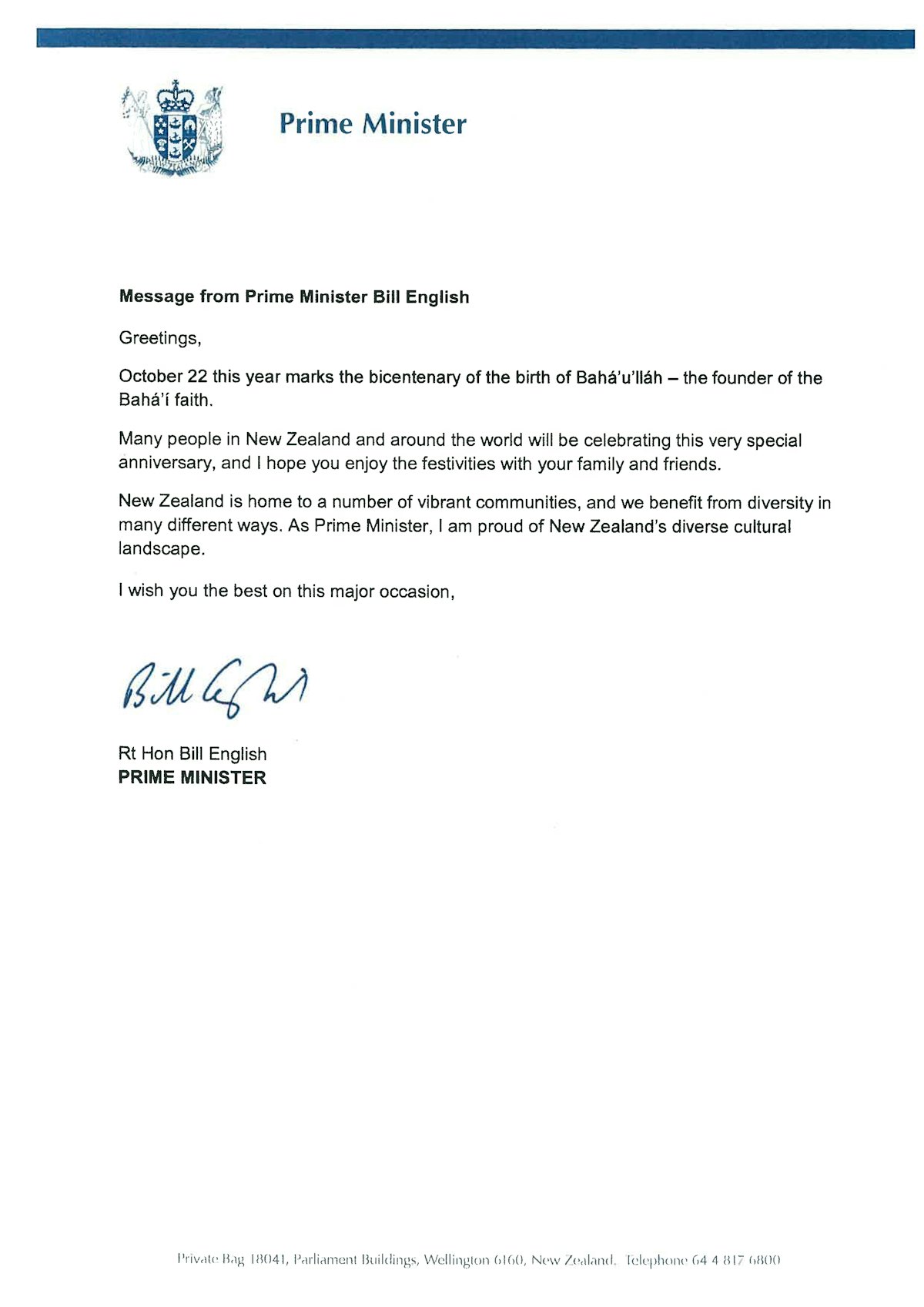 A letter of greeting from New Zealand Prime Minister Bill English to the Baha'i community there