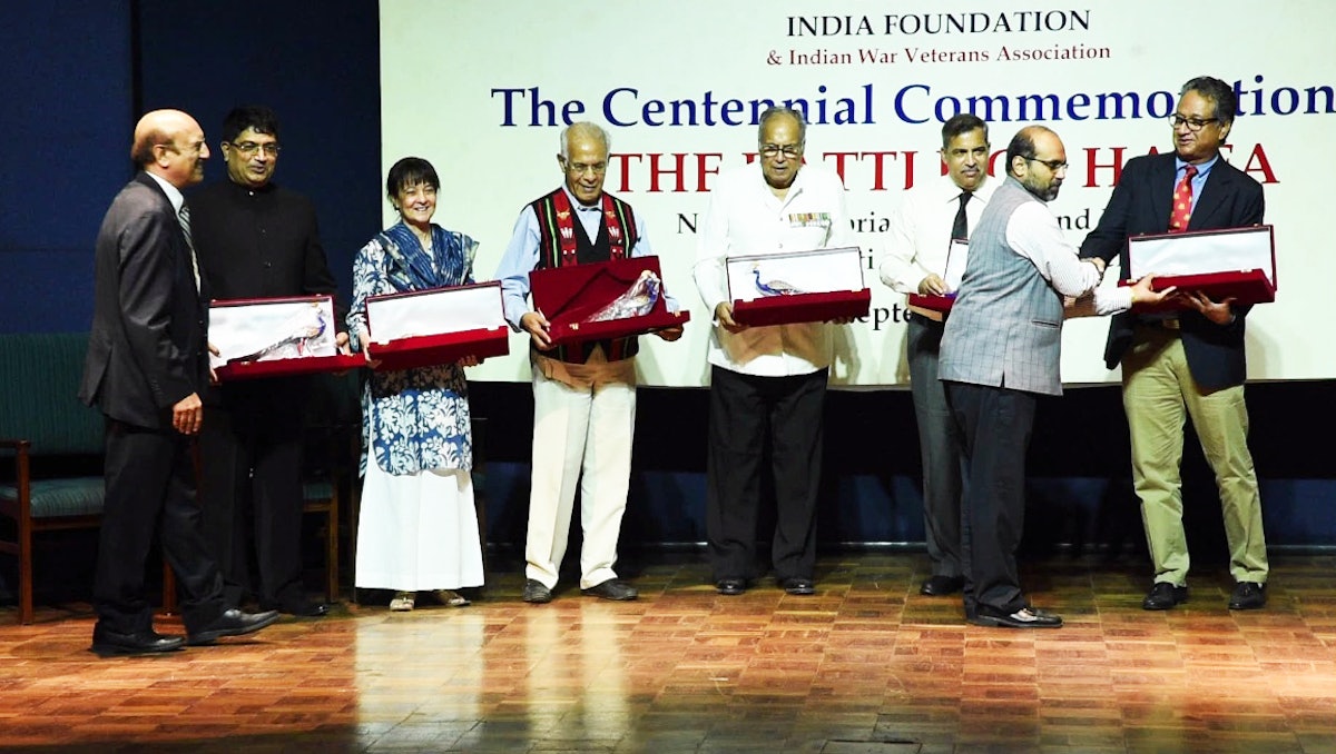 Some of the presenters at the Commemoration of the Battle of Haifa, held on 20 September 2017 in New Delhi. Naznene Rowhani, representative of the Baha’i community, is standing third from the left.