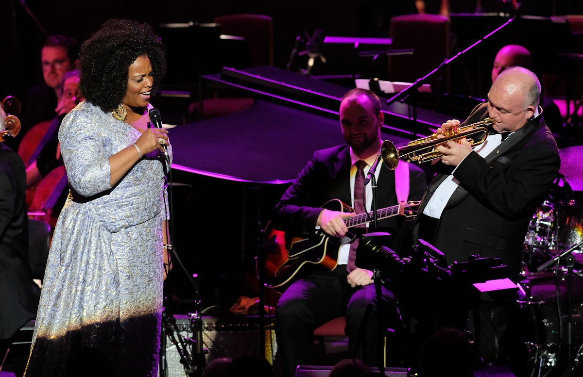 In honor of the 100 year anniversary of Dizzy Gillespie’s birth, his contributions to jazz are being celebrated in a number of tribute concerts around the world. Here, singer Dianne Reeves and trumpeter James Morrison perform with the James Morrison Trio and the BBC Concert Orchestra under conductor John Mauceri at the 2017 BBC Proms. (Photo courtesy of the BBC)
