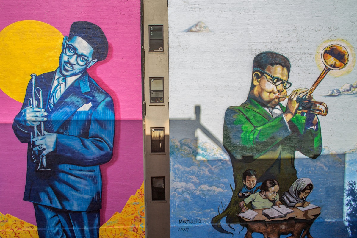 These two new murals in Harlem were painted to celebrate the 100th anniversary of Dizzy Gillespie’s birth in October 1917.