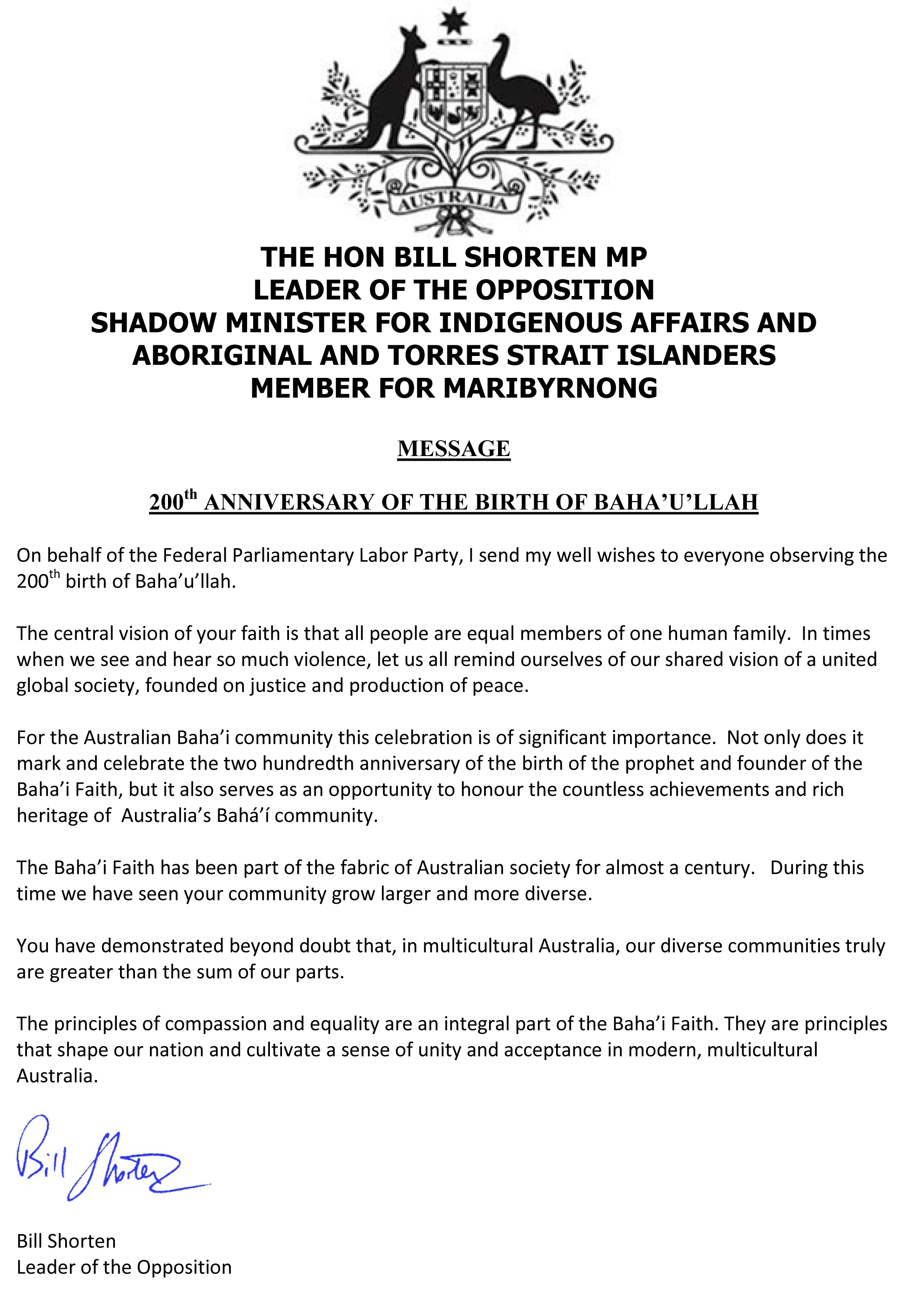 Un mensaje de homenaje de Bill Shorten, diputado y líder de la oposición