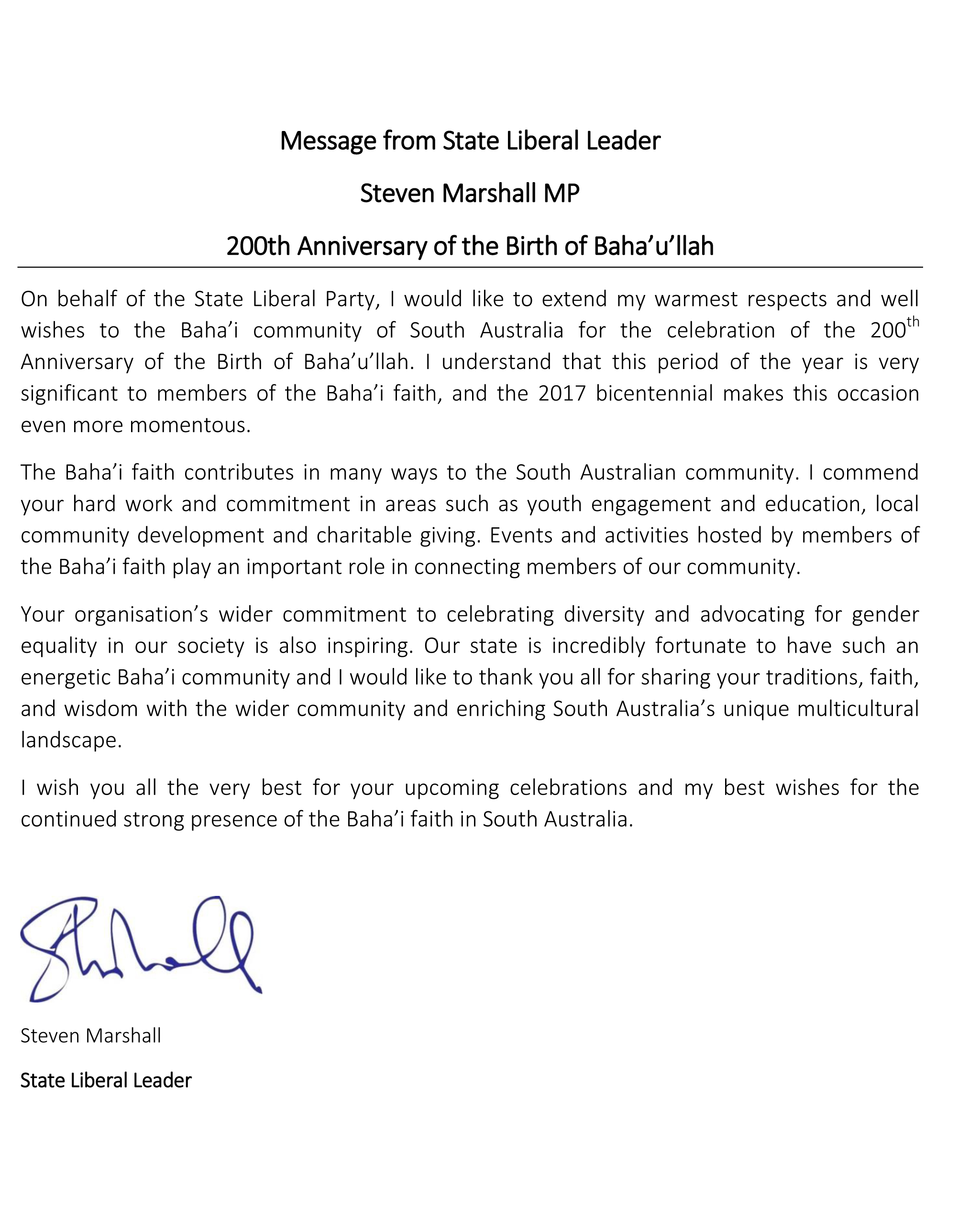 El compromiso de la comunidad bahá’í de «celebrar la diversidad y abogar por la igualdad de género» en Australia es «inspirador», escribió el líder liberal estatal, Steven Marshall.