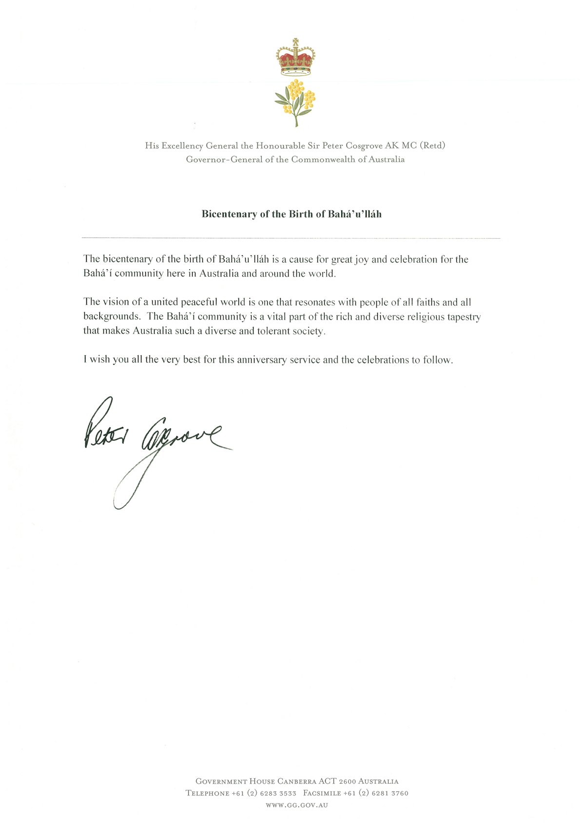 Un mensaje de homenaje del Gobernador General Peter Cosgrove