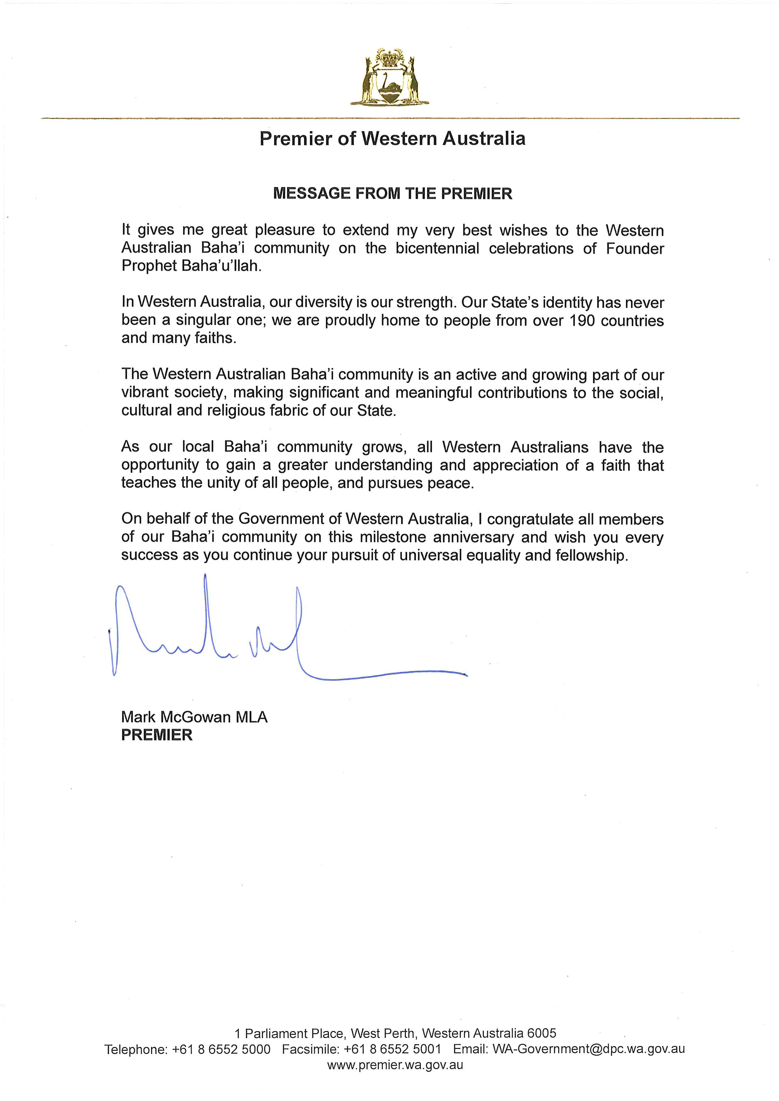 «... nuestra diversidad es nuestra fortaleza», escribió Mark McGowan, primer ministro de Australia Occidental.