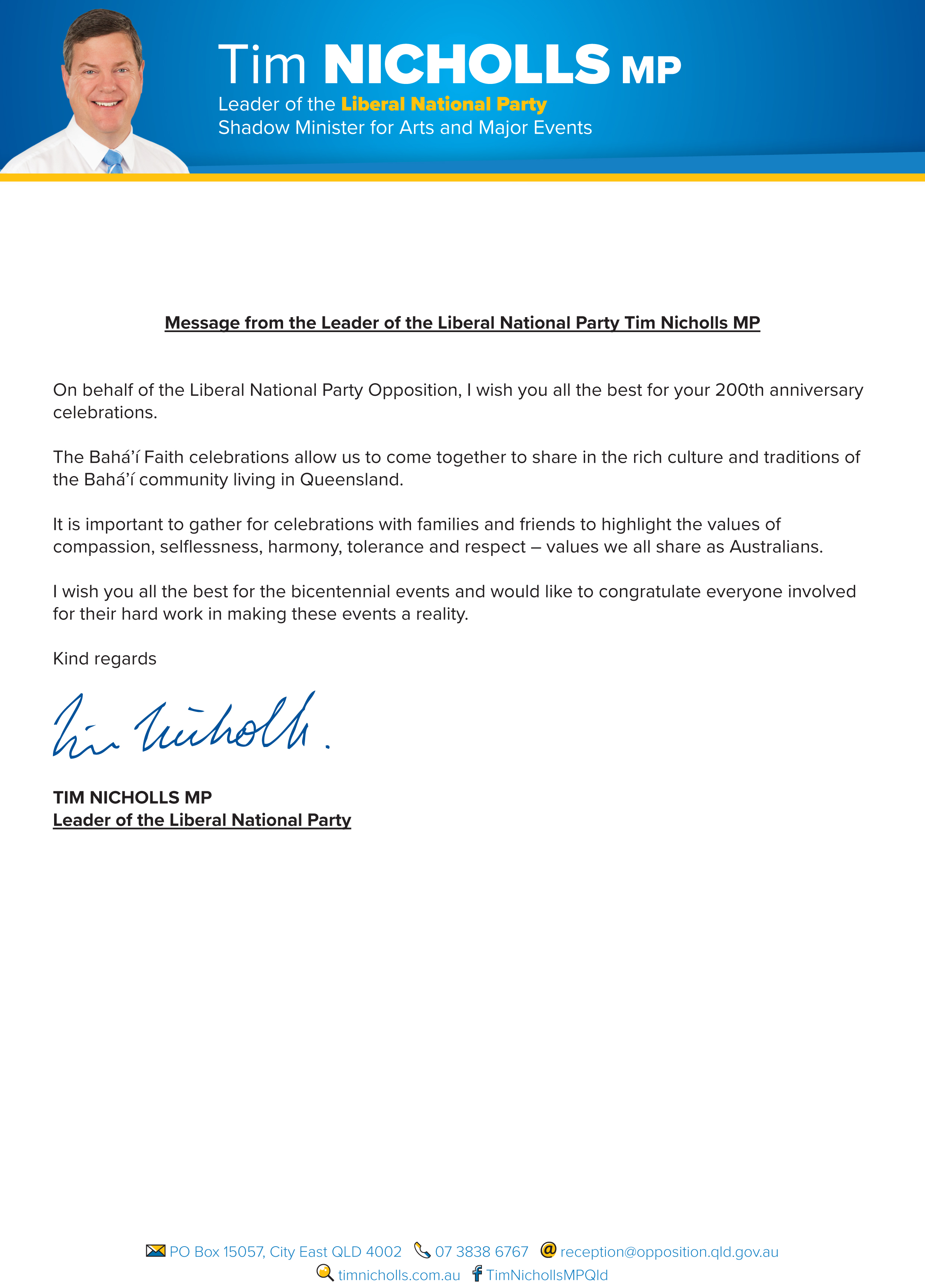 A message to the Baha’i community for the bicentenary of the birth of Baha’u’llah from Liberal National Party Leader Tim Nicholls