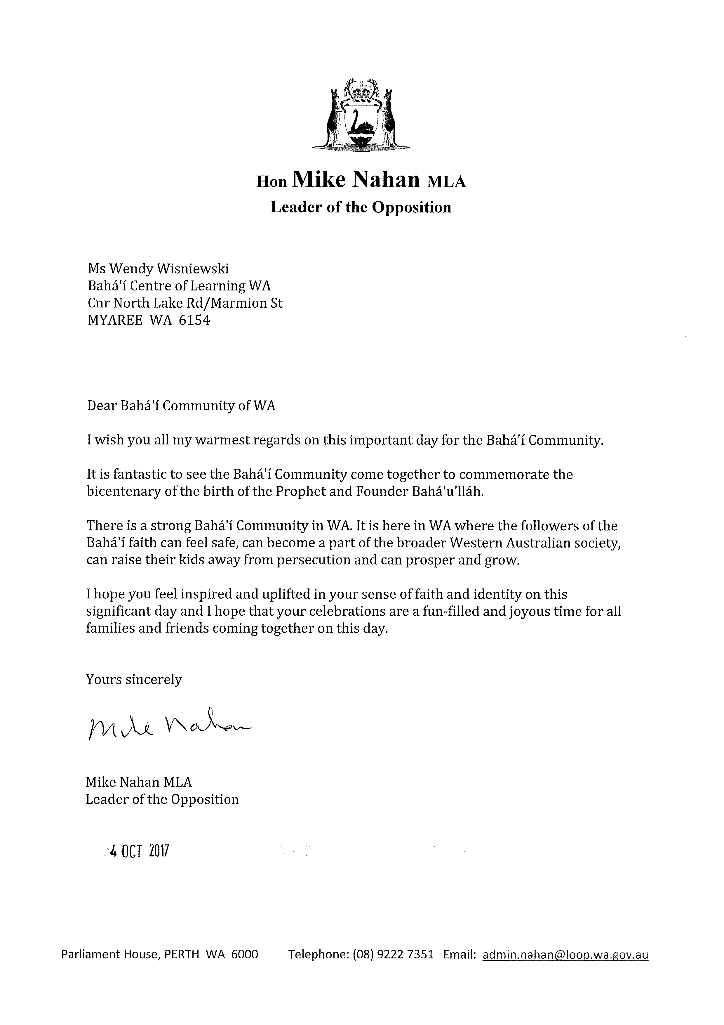 A message of greeting to the Baha’i community on the occasion of the bicentenary from Leader of the Opposition Mike Nathan