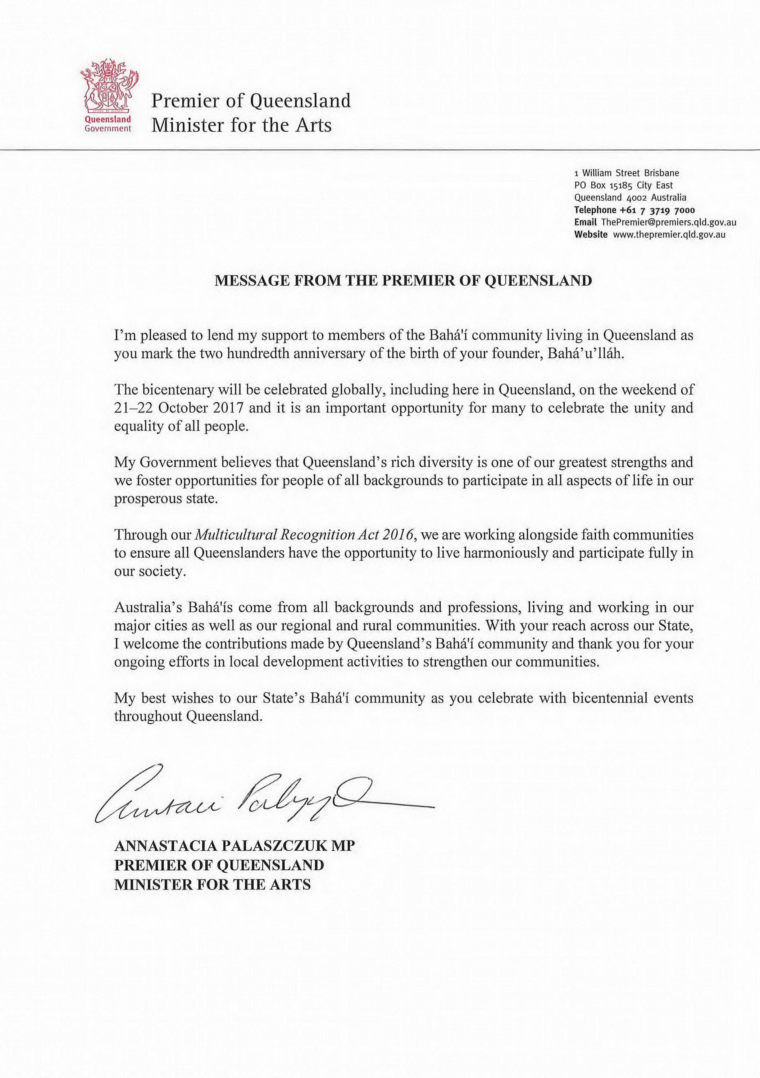 A tribute from Premier of Queensland Annastacia Palaszczuk