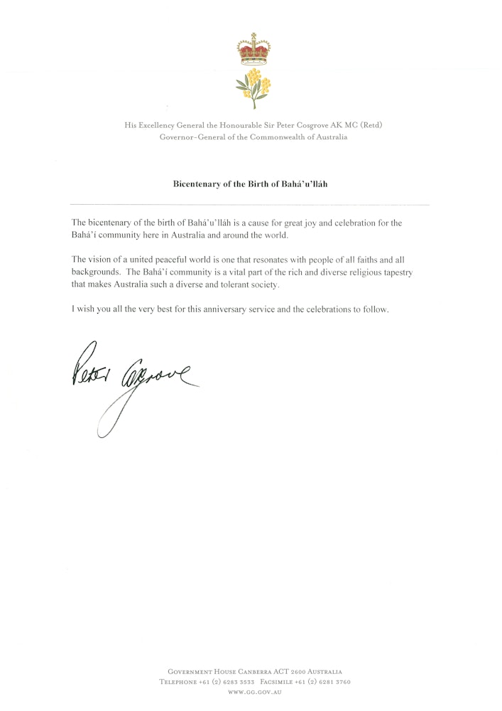پیام تجلیل از جانب فرماندار کل استرالیا، آقای پیتر کاسگرو.