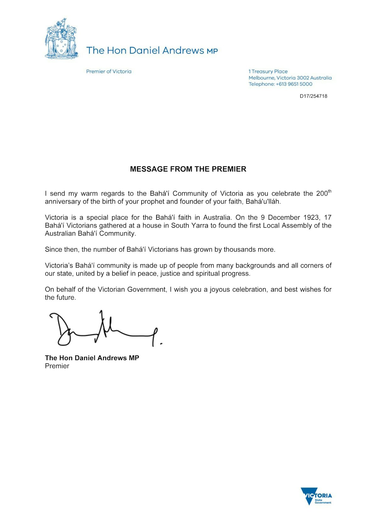 A message to the Baha’i community from Daniel Andrews, Premier of Victoria