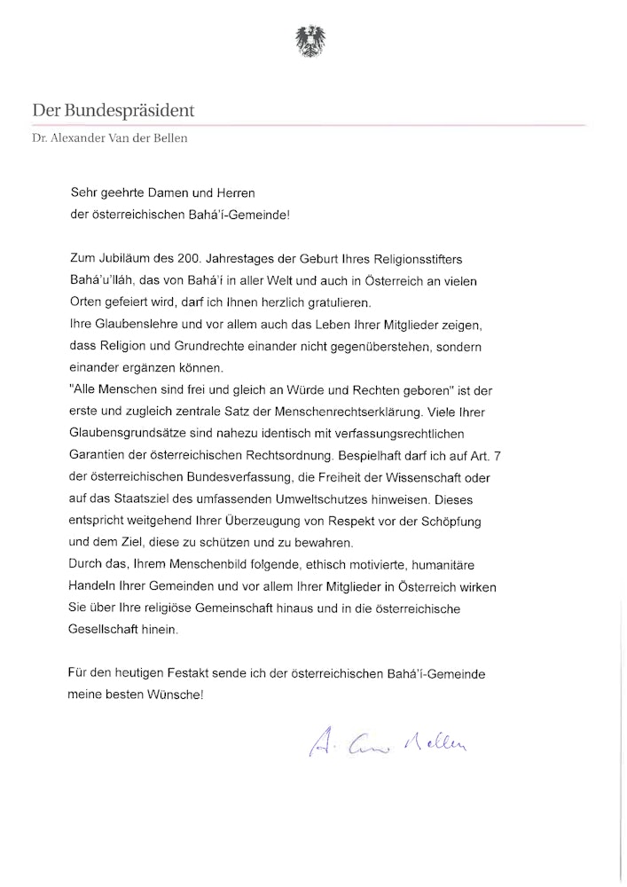 Un message du président autrichien à la communauté bahá’íe d’Autriche