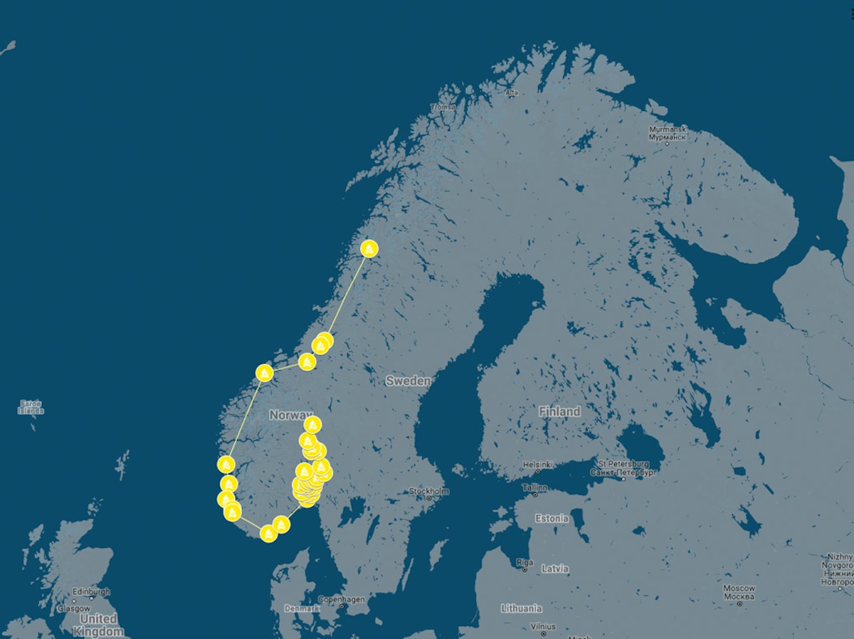 A map of the locations of beacons lit in Norway in honor of the bicentenary of Baha’u’llah’s birth