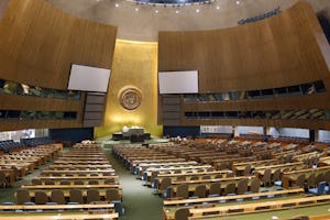 An interior view of the United Nations General Assembly hall in New York City. Photo credit: UN/Sophia Paris