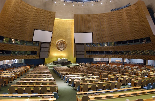 An interior view of the United Nations General Assembly hall in New York City. Photo credit: UN/Sophia Paris