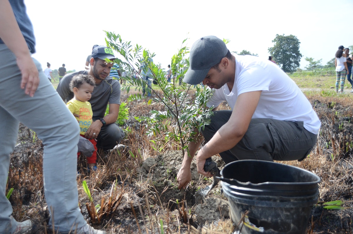 Volunteers plant trees on the bosque nativo, a native forest near the future House of Worship in Norte del Cauca.