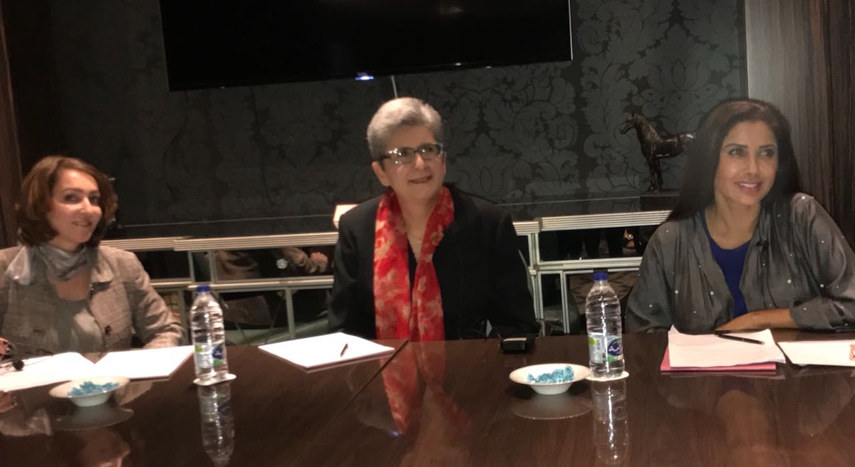 Current holder of the Baha'i Chair for World Peace, Prof. Hoda Mahmoudi (center), presented at two events in the United Arab Emirates last month.