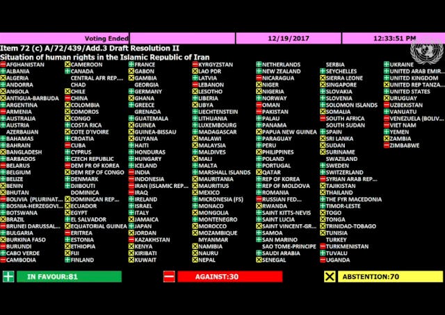 United Nations vote tally board for the General Assembly resolution on Iran