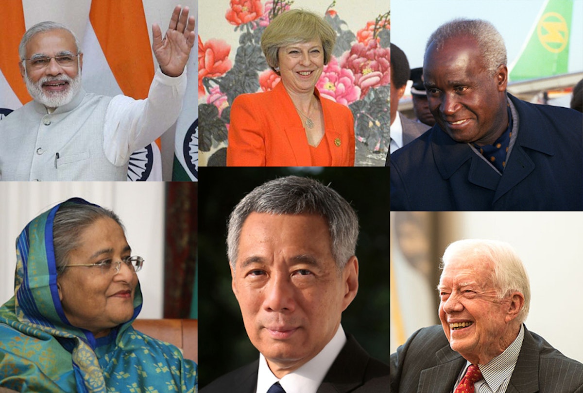 تصویر برخی از رهبران دنیا از جمله مسئولین ایالتی و دولتی که به مناسبت دویستمین سال تولد حضرت بهاءالله پیام‌های حمایت و قدردانی برای جامعۀ بهائی ارسال کردند. بالا (چپ به راست): نخست‌وزیر هند ناریندرا مودی؛ نخست‌وزیر انگلستان ترزا می؛ اولین رئیس‌جمهور زامبیا، کنت کوآندا. پایین (چپ به راست): نخست‌وزیر بنگلادش شیخ حسینه؛ نخست‌وزیر سنگاپور لی هین لونگ؛ و رئیس‌جمهور سابق آمریکا جیمی کارتر.