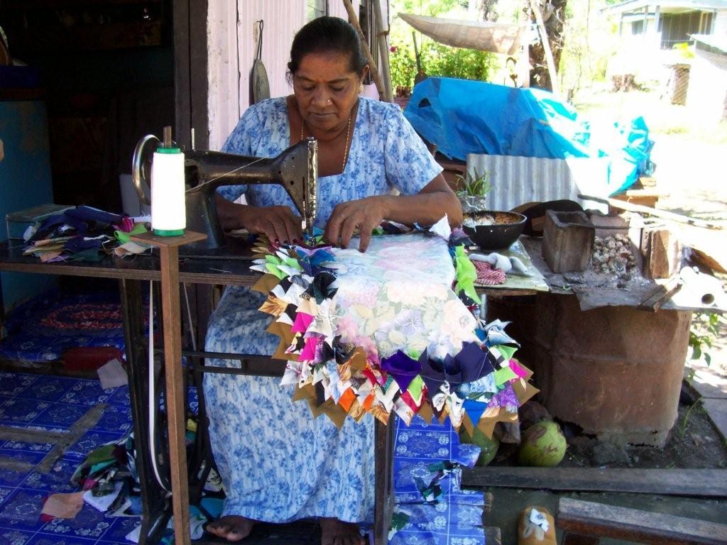 The rag mats made by Indian women in Fiji and sold in local markets were the inspiration for two mats created to go on top of the masi floor-piece in the "New Garden" work.