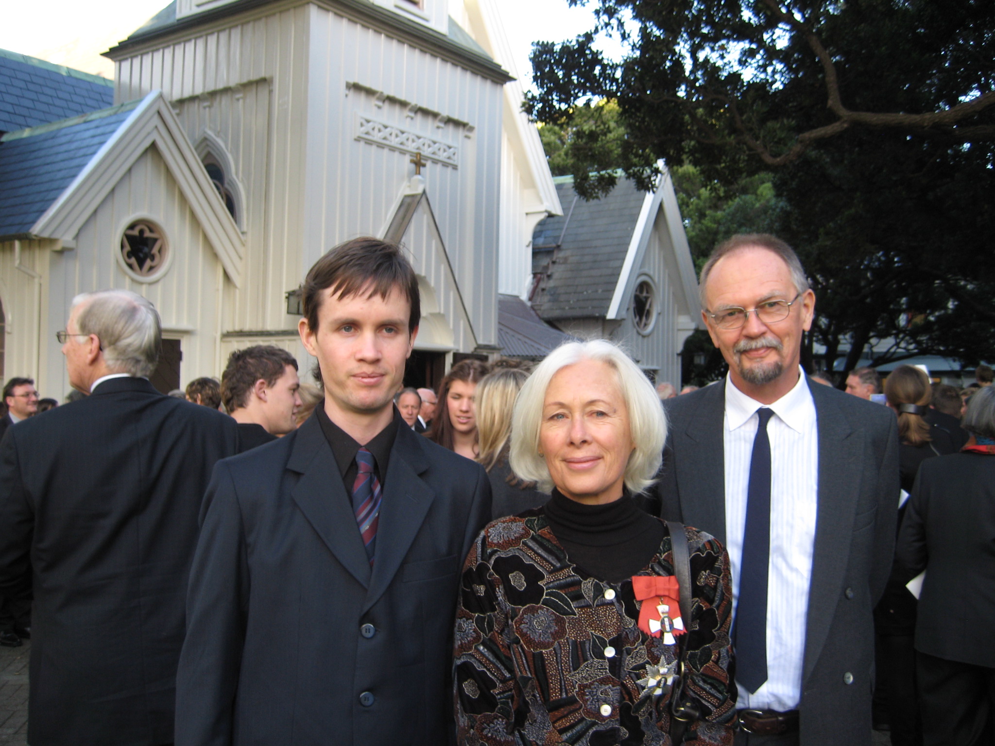 In August 2009, painter Robin White was among a group of her compatriots who were invested as dames and knights of the British Empire by virtue of having received the New Zealand Order of Merit. She is shown here with her husband, Michael Fudakowski, and their son, Conrad, following the award ceremony in Wellington.