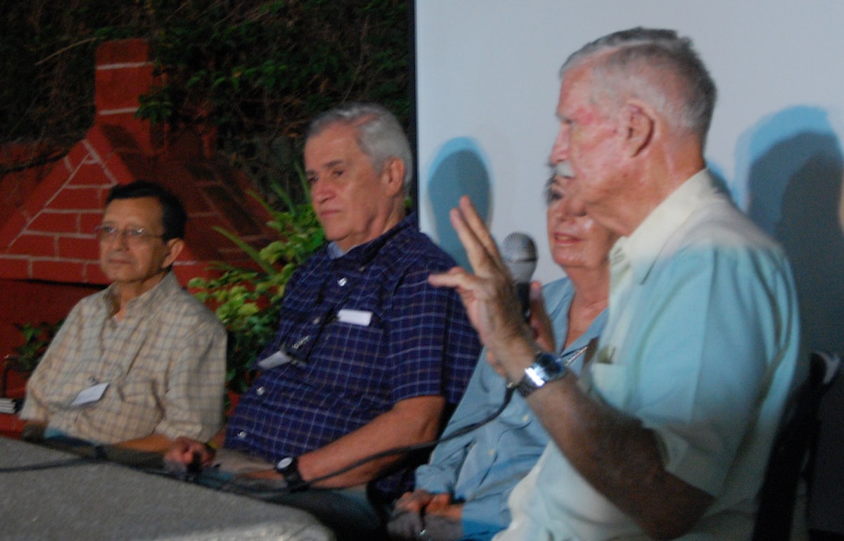 Three members of the first National Spiritual Assembly of El Salvador share their memories of the first national convention. At left is Gabriel Torres and at right, Jeanne and Quentin Farrand. Second from left is Rodrigo Tomas, a member of the Continental Board of Counselors who attended this year’s convention and hosted this conversation.