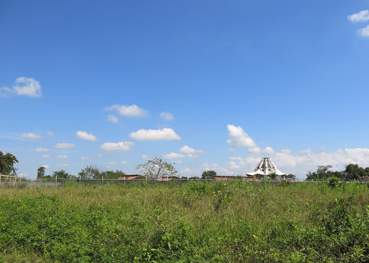 The main edifice of the Temple under construction in Norte del Cauca, viewed from the site of the Bosque Nativo (native forest)