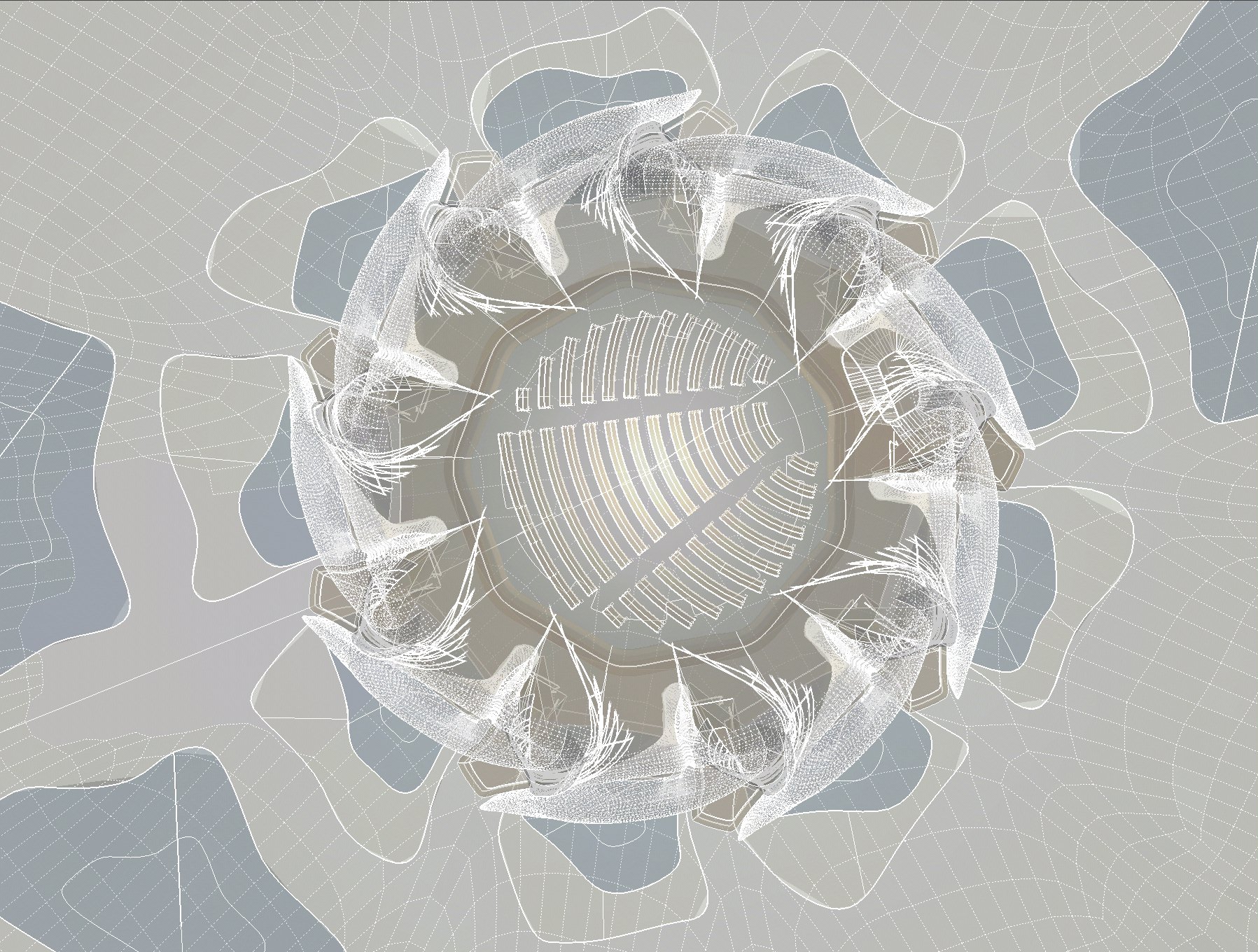 يک تصوير مجازی از بالای مشرق‌الاذکار آمريکای جنوبی. طبيعت مرجع مهمی در طراحی اين بنا بوده است. مهندس سيامک حريری می‌گويد: «ما می‌خواستيم جادوی نگاه کردن از پناه درخت‌ها در روز و شب را بازسازی‌ کنيم.»