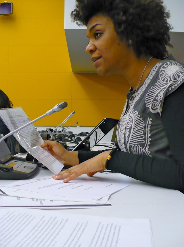 May Akale, a representative of the Baha'i International Community, prepares to deliver an oral statement to the UN Commission on Social Development on Monday 14 February. "Efforts to eradicate poverty must be guided by a vision of human prosperity in the fullest sense of the term – a dynamic coherence between the material and spiritual dimensions of human life," said Ms. Akale.